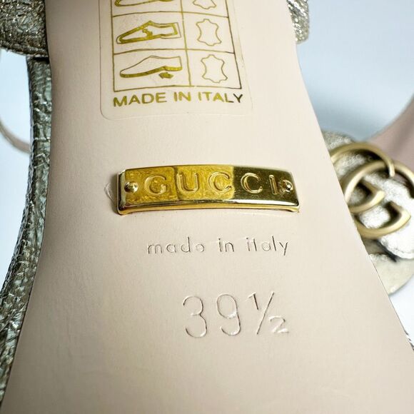GUCCI Marmont Gold Platform Heel Sandals 39.5 Metallic Leather Block Ankle Strap - Picture 11 of 12